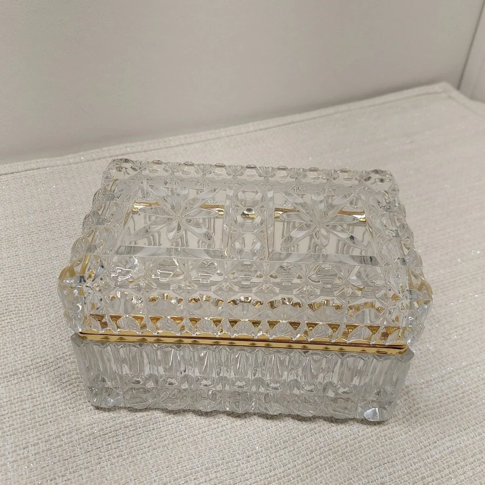 Vintage French Cut Lead Crystal Brass Vanity Jewelry Trinket Casket Box Hand Cut